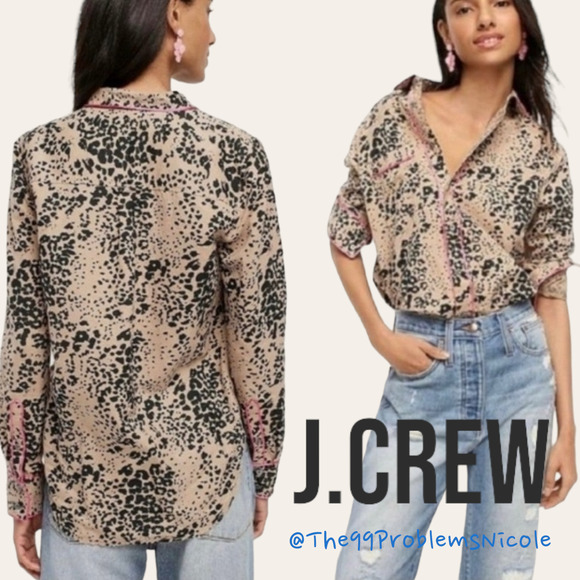 J.Crew Leopard Print Button Up Shirt with Pink Trim - Picture 1 of 8
